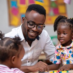 Obraz premium Black male teacher actively engaging with his students