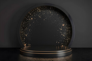Luxurious round black podium in a black empty room with gold glitter in a circle.Abstract vector rendering of a 3d shape for the presentation of cosmetic products. Mini stage, studio. Generative Ai.