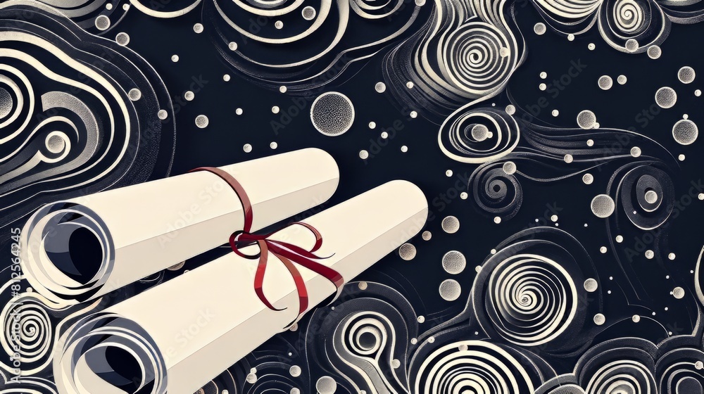 Poster two white scrolls are tied together with a red ribbon. the image is of a black and white background 