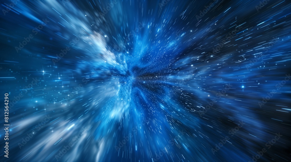 Poster exploring space with zoom on a deep blue backdrop, capturing cosmic flight essence.