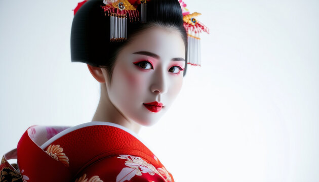portrait of beautiful geisha in traditional clothes, isolated white background, copy space for a tex
