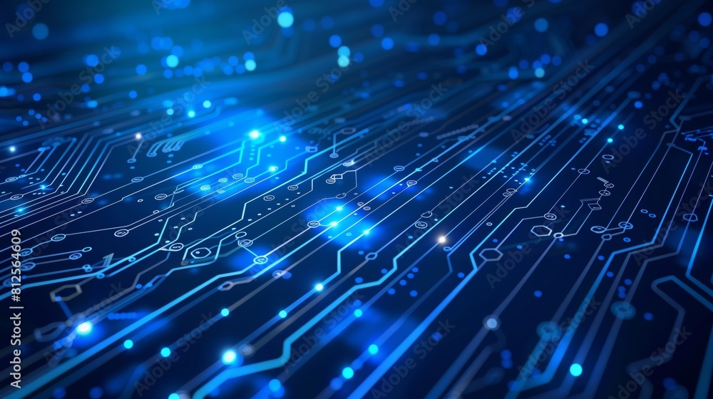 Poster advanced tech schematics on deep blue background.