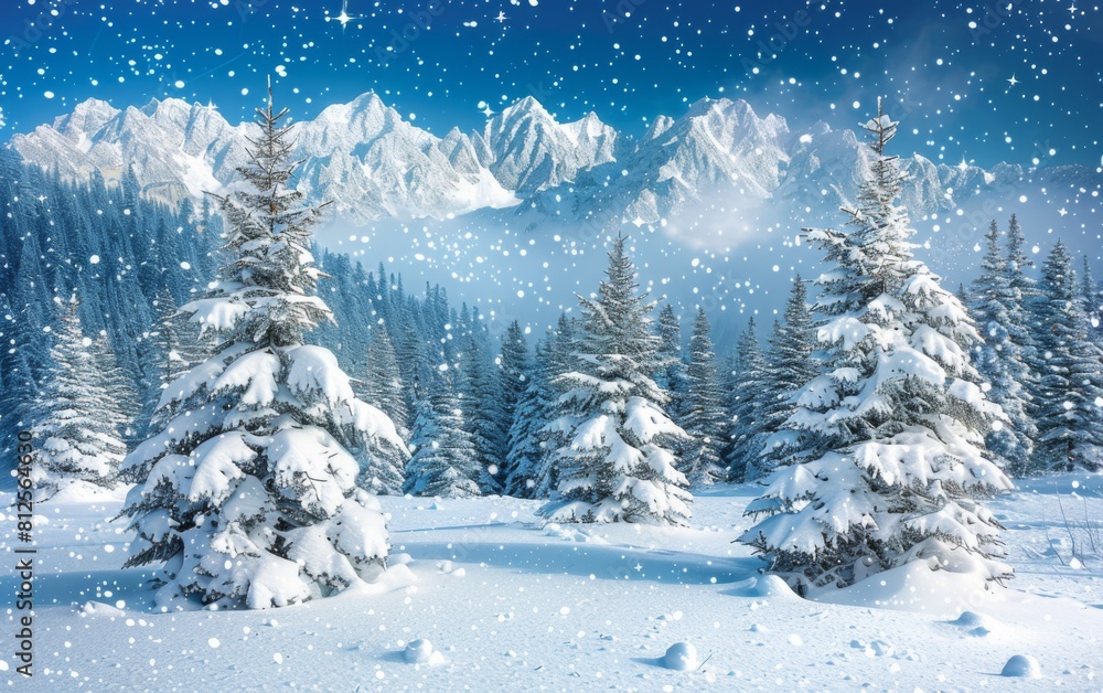 Poster a snowy landscape with two pine trees in the foreground and a mountain range in the background. the 