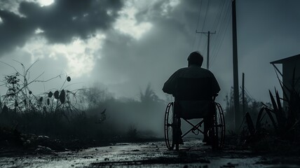 Fototapeta premium Man in wheelchair on misty rural road