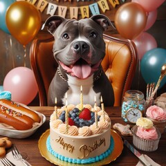 A dog sitting in front of birthday cards cake realistic photo attractive illustrator