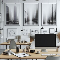 Fototapeta premium A computer on a desk office work room in a office room with pictures on the wall image art photo harmony.