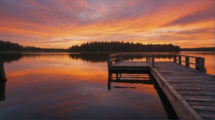 Wooden jetty on the lake at sunset. Beautiful summer landscape.