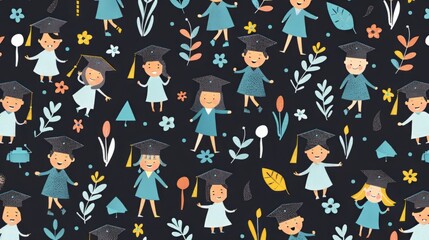 Graduation theme pattern with a repeating design of celebrating graduates