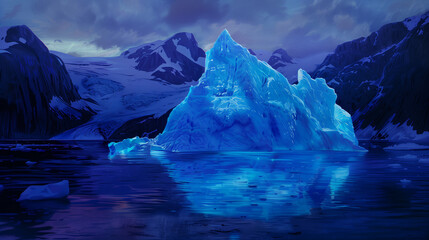 Illuminated iceberg glowing at twilight in a polar landscape.