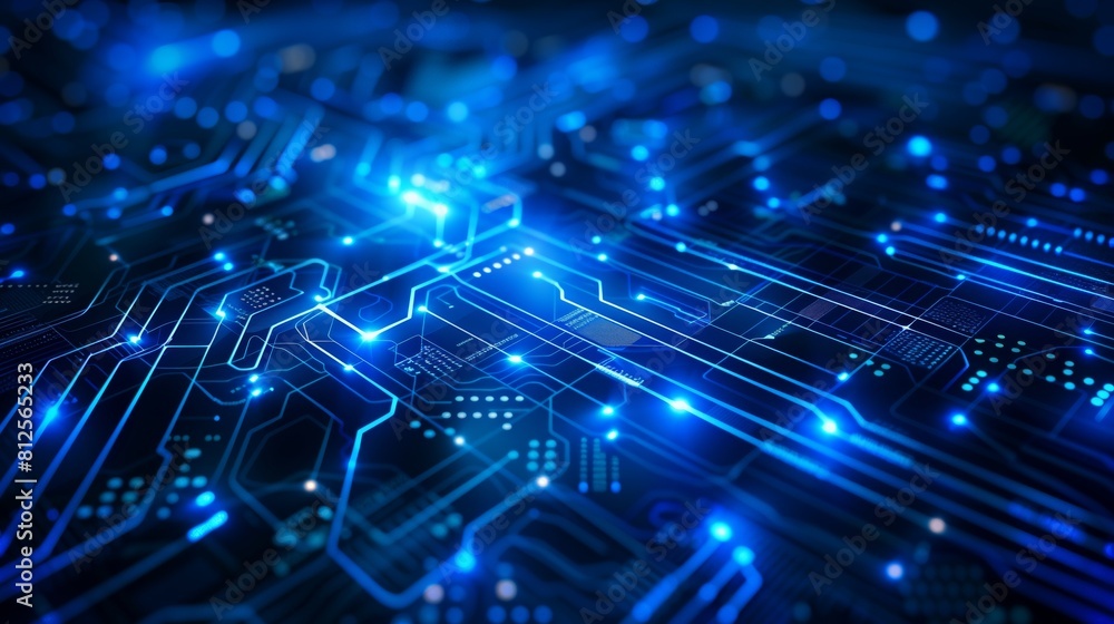Poster tech-themed circuit design concept on deep blue background.