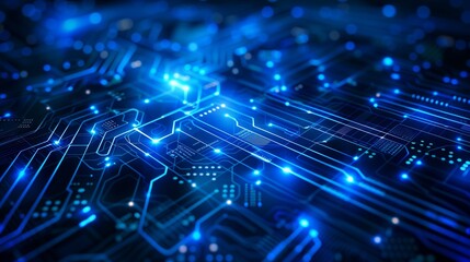 Fototapeta premium Tech-themed circuit design concept on deep blue background.