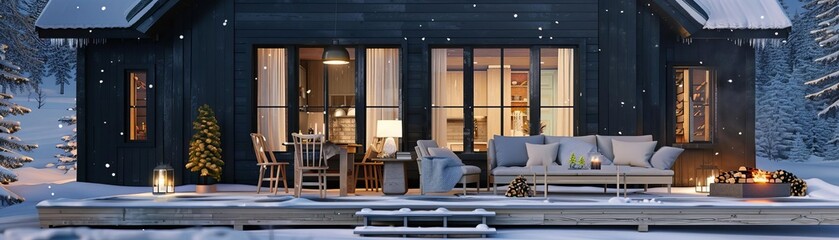 Family Gatherings winter cabin retreat flat design front view cozy weekend theme 3D render Monochromatic Color Scheme