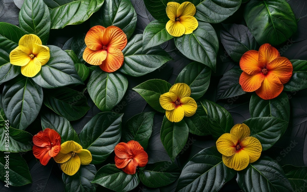 Poster a close up of a bunch of flowers with some orange and yellow flowers. the flowers are arranged in a 