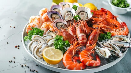 Food and Drinks seafood platter flat design side view ocean bounty theme water color colored pastel