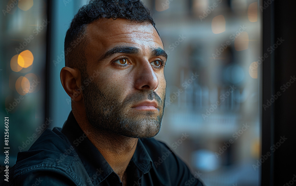 Poster a man with a beard and a black shirt is looking out of a window. scene is contemplative and introspe