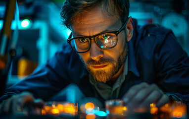 Obraz premium A man with glasses is looking at something on a table. The table is lit up with a yellowish glow, creating a warm and inviting atmosphere. The man is focused on the object in front of him