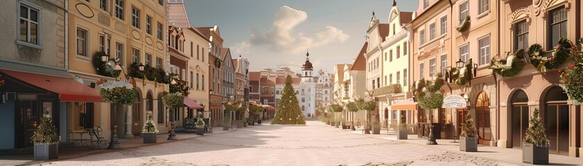 Naklejka premium Holiday Decorations old town square flat design front view historical celebration theme 3D render colored pastel