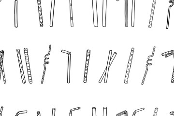 Seamless pattern of straws of different sizes, shapes and patterns. Doodle style. Hand drawn vector illustration. Great for menu, banner, decoration, advertising
