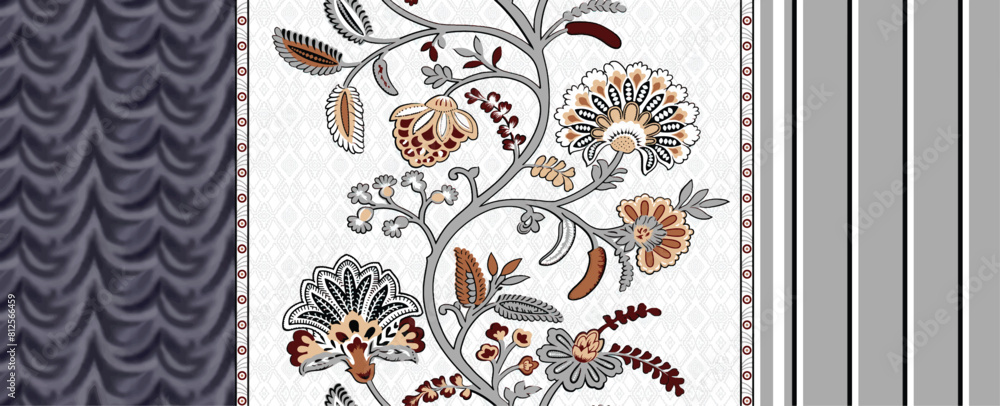 Wall mural botanical ethnic stripe two side watercolor border concept background rotary printing seamless pattern design illustration in grey brown orange color combination digital home textile apparels