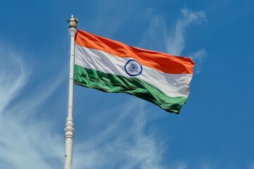 Naklejka premium The Indian tricolor flag waves elegantly against a clear blue sky, symbolizing freedom and national spirit, national flag day