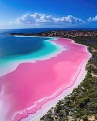 Discover Lake Hillier's Unforgettable Pink Hue Next to a Blue Ocean and Beach on an Island