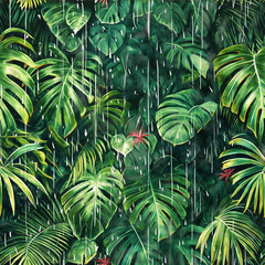 Tropical Rainforest Foliage, Raindrops on Green Leaves, Jungle Scene Illustration