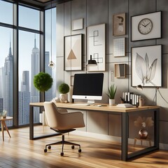 A desk with a computer and a chair in front of a window image art photo lively.