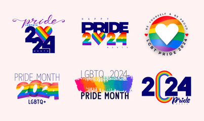 Set of hand draw LGBT pride flag. Rainbow flag with word PRIDE 2024 for poster. Collection of logo LGBTQ love symbol background. Concept colored rainbow design. Vector illustration.