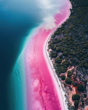 Unforgettable Pink Lake and Beach Landscape in Esperance: Aerial View of Lake Hillier 