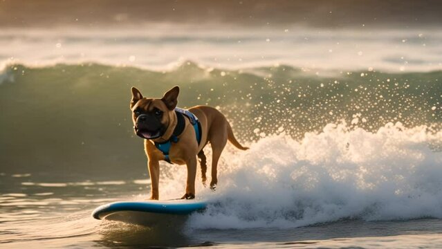 Cool dog surfing on surfboard in the ocean waves. Sunny day. Summer concept