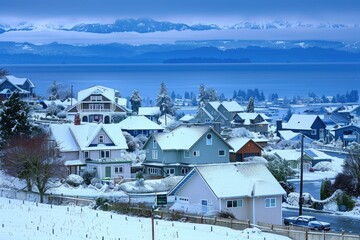Winter Landscape of Homes near Kingston Washington with Olympic Mountains and Puget Sound.