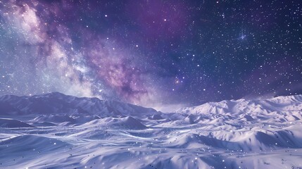 Naklejka premium snowy hills with snow falling, stars shining in the night sky and purple galaxy sky background