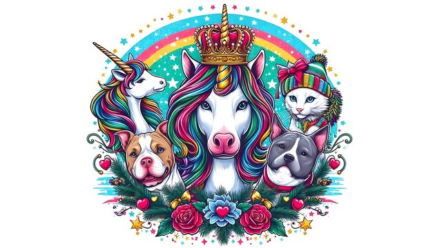 Many animals include dogs, cats, unicorns with rainbow colors art realistic photo photo attractive illustrator.