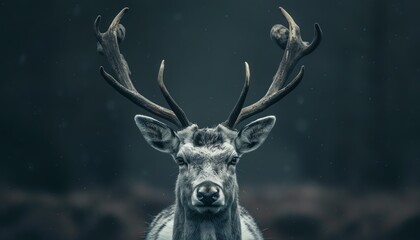 Portrait of a majestic stag with symmetrical antlers, captured in monochrome under a starlit night sky.