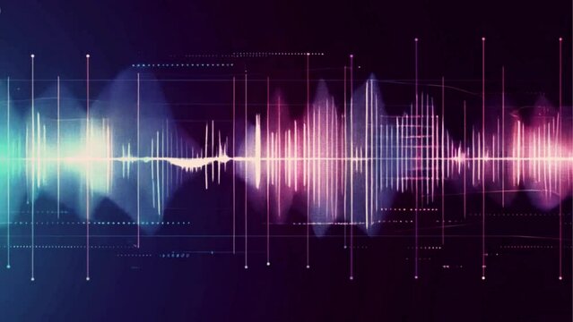 An animated multi-colored sound wave with peaks and valleys indicating high and low-frequency zones, on a dark background.