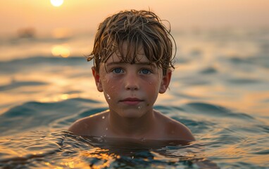 A young boy is in the water, looking at the camera. The water is calm and the sun is setting in the background