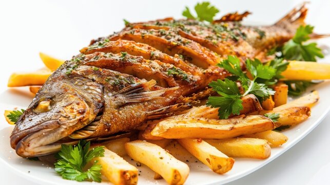 Appetising Fried Mojarra - A Typical Colombian Dish with French Fries and Cilantro on White