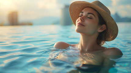 Beautiful woman wearing hat in roof top pool watching sunset around city. Vacation concept.