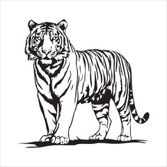 Silhouette of a Tiger with intricate body details on a White background.