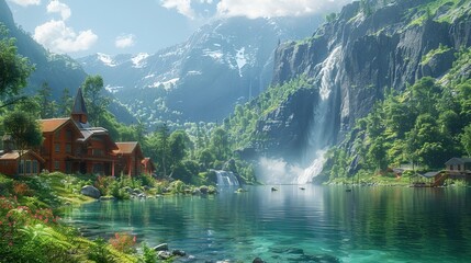 Fototapeta premium Landscape with a waterfall and houses near the water, ISO 200, Aperture f/1.4, Shutter speed 1/250s, serene portrait, Norwegian fjords,