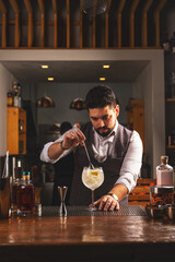 Professional bartender garnishing cocktail at bar