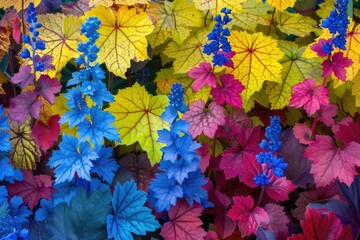 Colorful Mix of Heucherella Perennials with Blooming Flowers in Various Shades of Yellow, Blue