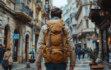 Fototapeta premium A man wearing a backpack is walking down a city street. The scene is bustling with activity, with several other people walking around and a few benches scattered throughout the area