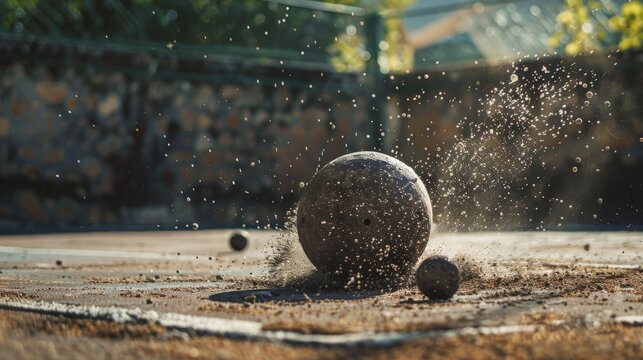 The photo shows a vintage basketball hitting the ground.