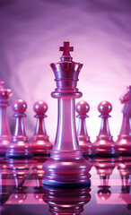Chess queen standing prominently among pawns on reflective surface with purple hue. Strategic leadership theme. Design for business strategy presentations, game theory education.