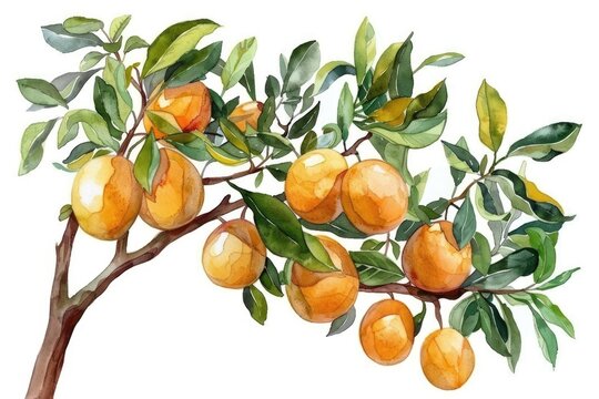 Organic Marula Oil. Watercolor Hand-Drawn Illustration of Marula Fruit and Tree Wave.