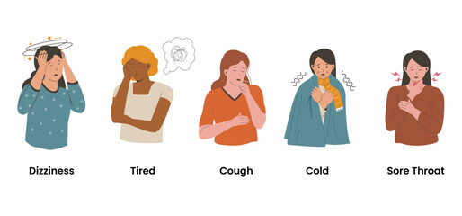 Set of sick woman characters. Sore Throat, Cold, Cough, Tired, Dizziness . Flat illustration set