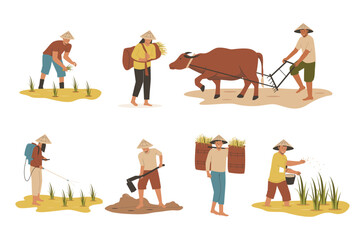Vector collection of Asian rice farmers. Flat illustration set