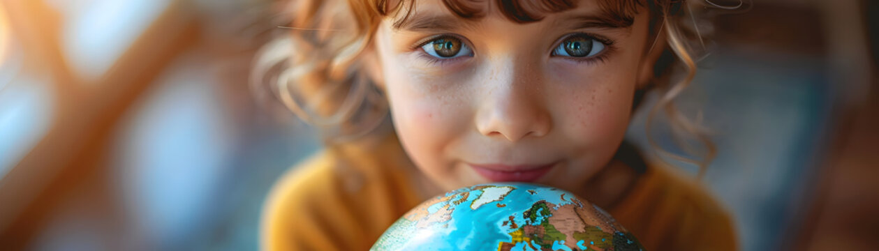 Curious Girl Studying Globe Representing World Day Against Child Labour Awareness