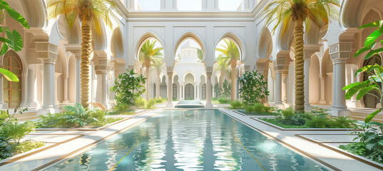 Fototapeta premium The luxurious resort delights with a unique landscape design, including arcades and a swimming pool with spectacular fountains, reminiscent of classical Arabic architecture